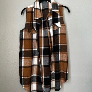 Brown + Black Long Plaid Vest Coat | Fall/Winter Fashion Outerwear